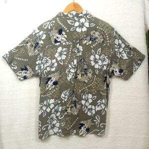 WHITE Sierra Hawaiian Olive Green Tropical Floral Button Down Shirt Size L